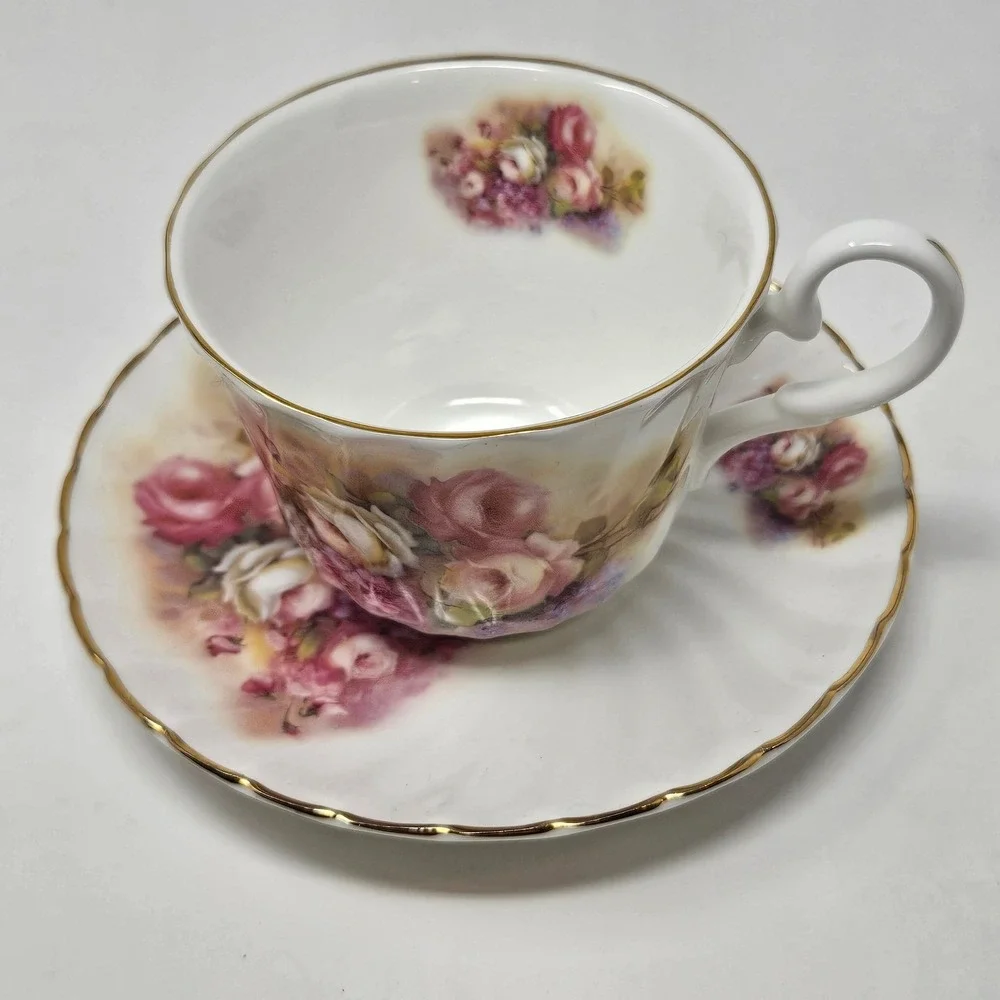Vintage Argyle Bone China Tea Cup Saucer Pink Rose Floral Gold Gilt England